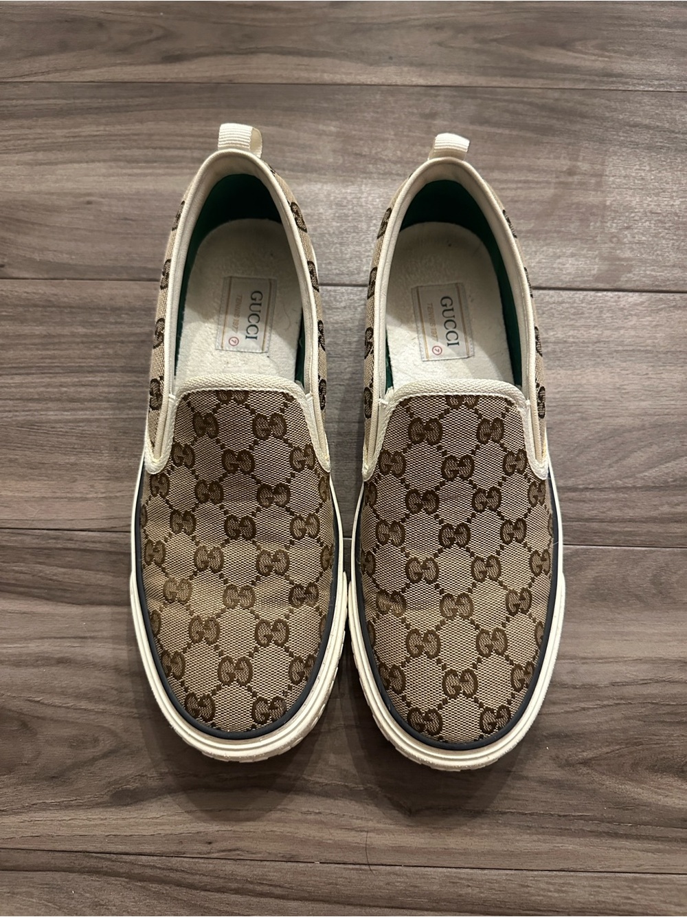 Gucci Brown Beige GG Canvas Slip-On Sneakers - Picture 2 of 3